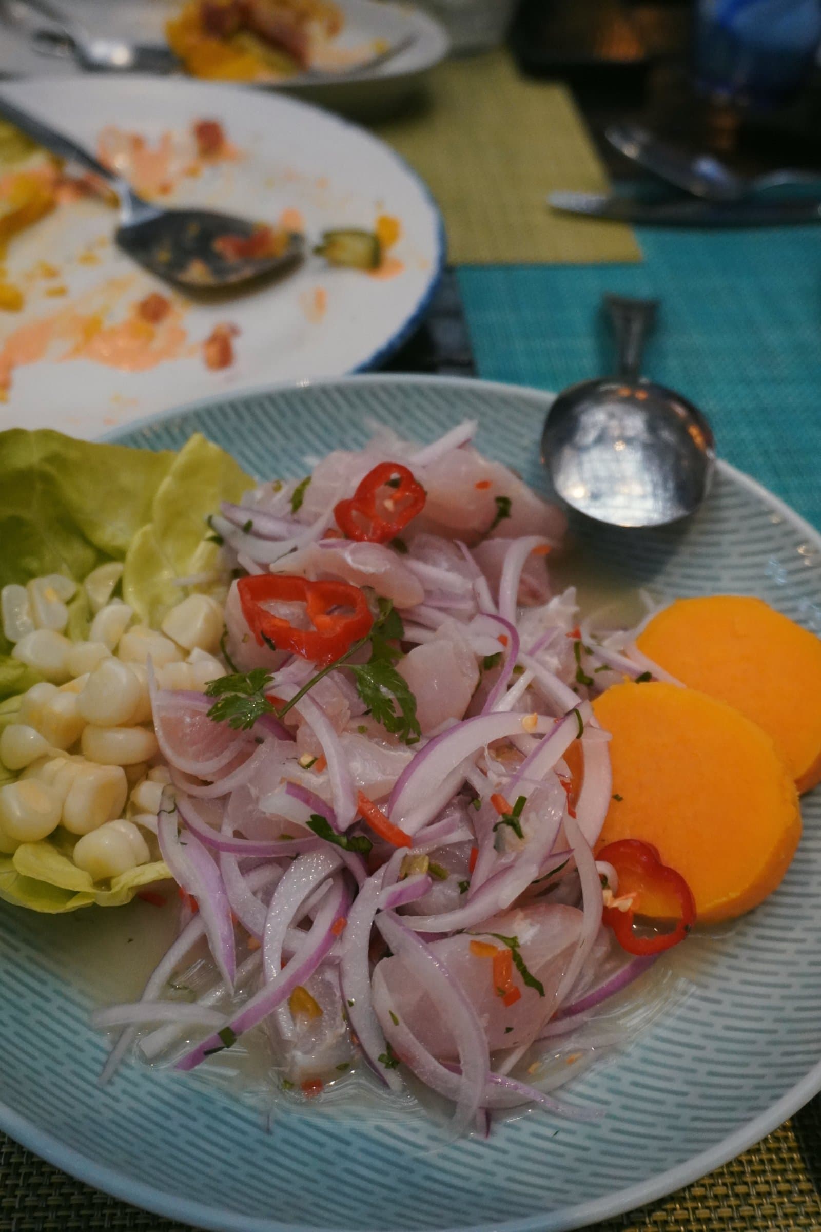 The classic ceviche at La Mar: fish, red onion, aji limo, sweet potato and choclo
